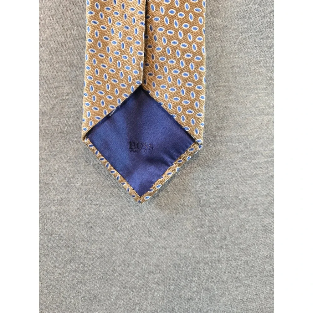 Hugo Boss Necktie Mens OS Gold Blue Geometric Micro Pattern Silk Made in Italy
